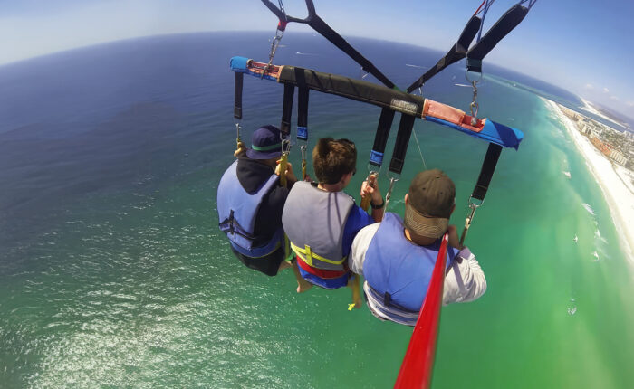 view from the back of three people parasailing