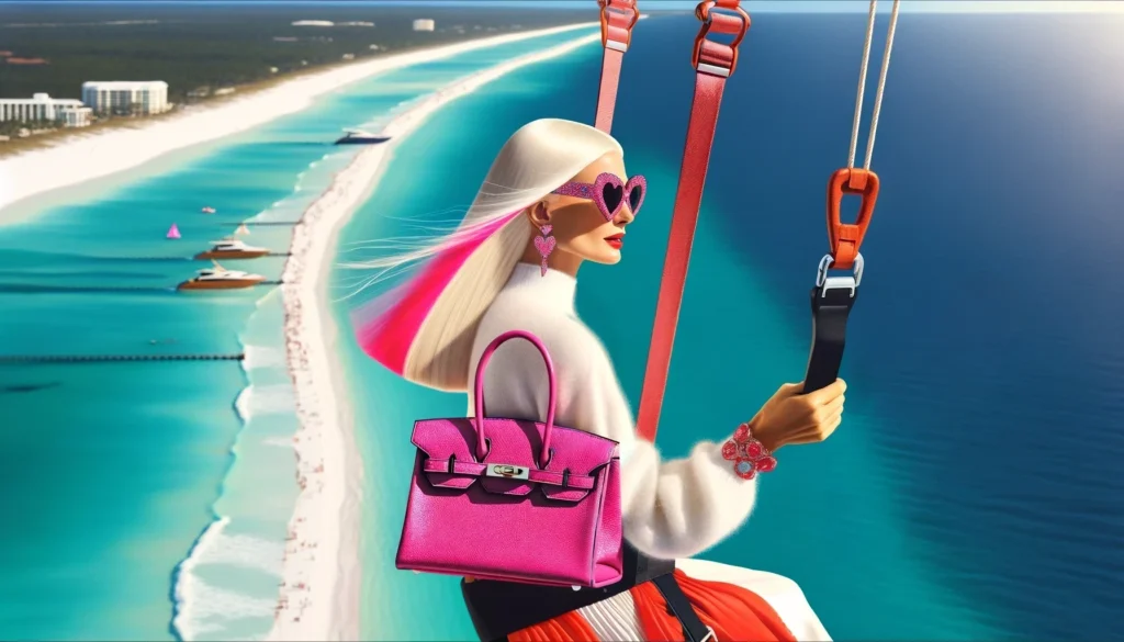 An AI generated photo of an elegant blonde woman parasailing. The woman has a pink streak in her hair and is holding a pink purse in the style of a Birkin bag. She is also wearing heart shaped sunglasses with a pink frame. None of her outfit is appropriate for the activity she's participating in.