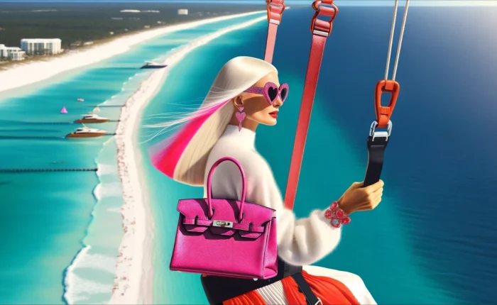 An AI generated photo of an elegant blonde woman parasailing. The woman has a pink streak in her hair and is holding a pink purse in the style of a Birkin bag. She is also wearing heart shaped sunglasses with a pink frame. None of her outfit is appropriate for the activity she's participating in.